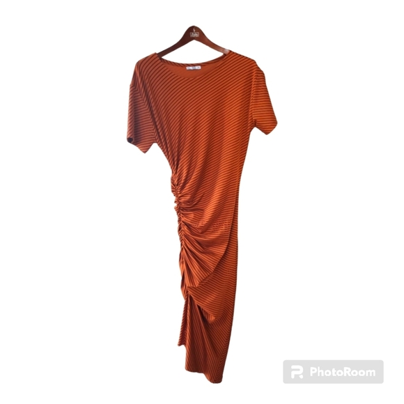 Zara Womens Ruched Midi Dress. Rust/black striped. Size S - Picture 1 of 6